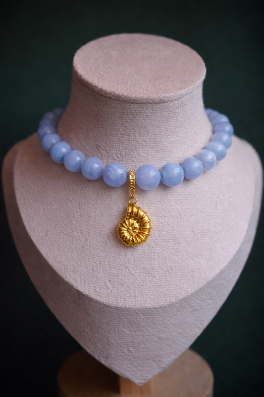 Blue Agate Statement Necklace with Gold Fossil Pendant