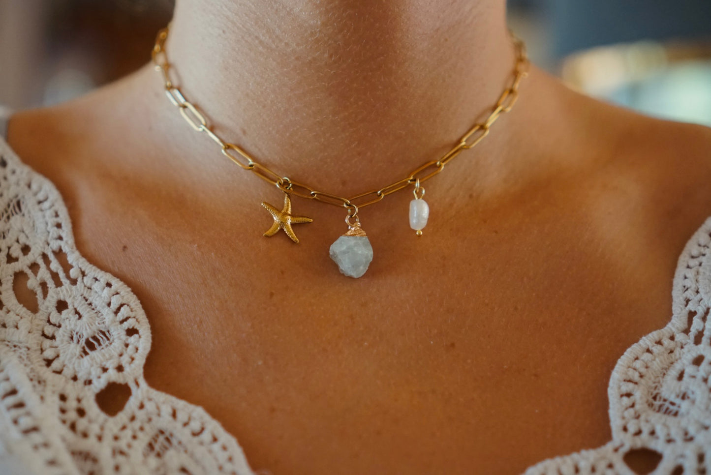 Goldene Kette mit Amethyst & Perle