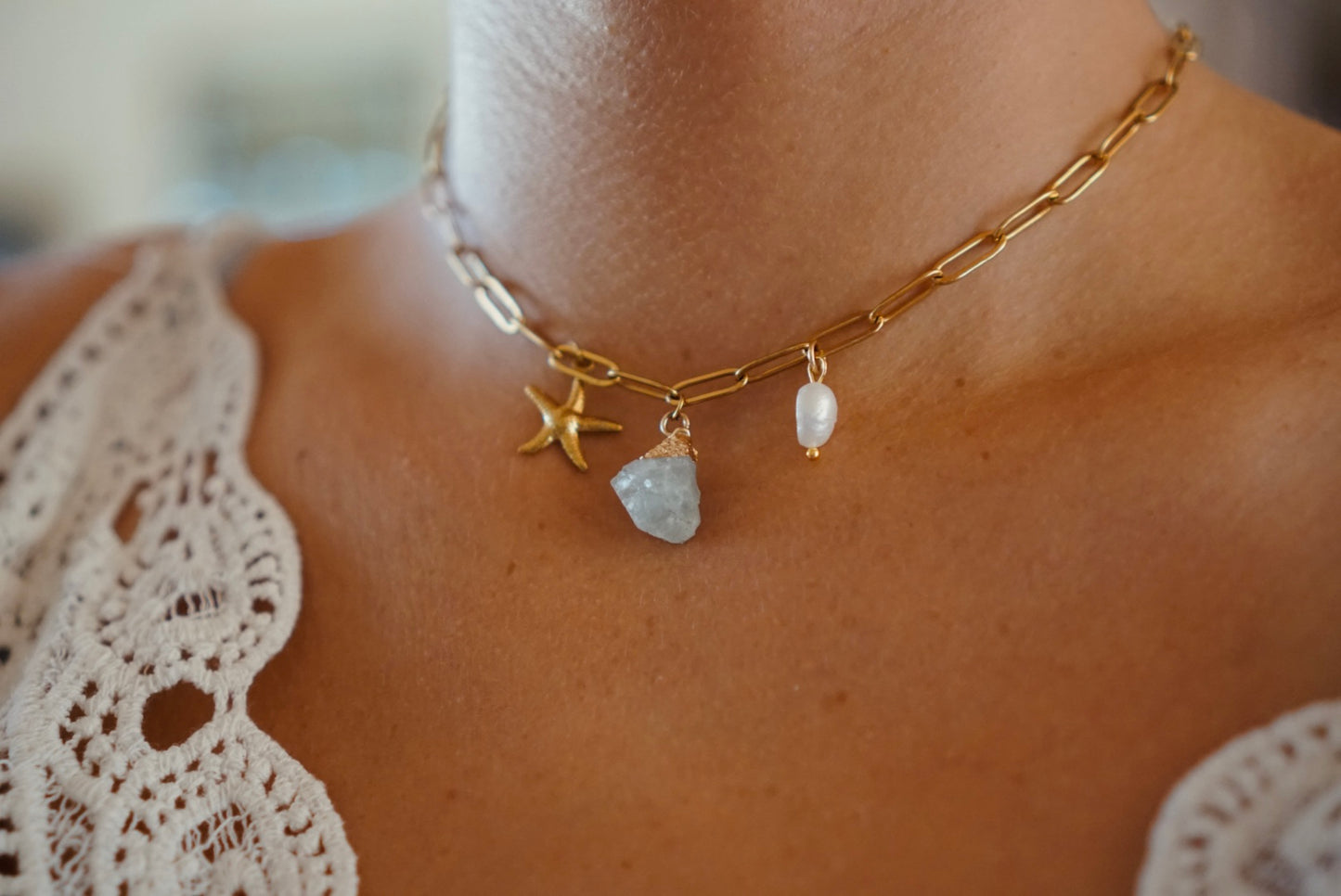 Goldene Kette mit Amethyst & Perle