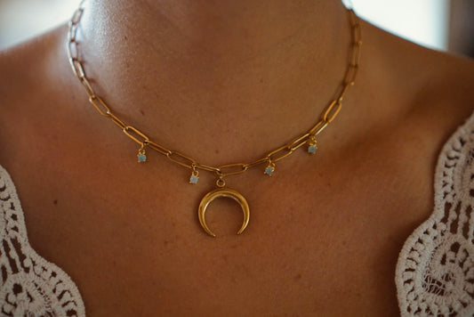 Elegant Moon Charm Necklace with Natural Stones Stainless Steel Jewelry