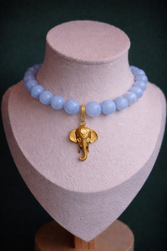 Blue Agate Necklace with Gold Elephant Pendant