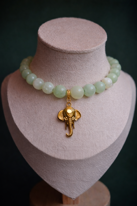 Jade Bead Necklace with Elephant Pendant