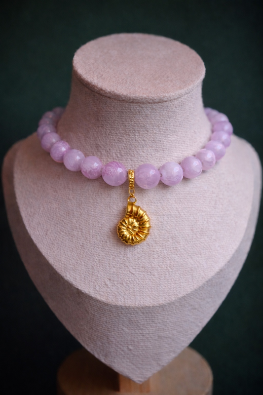 Pink Natural Stone Necklace with Sculptural Gold Fossil Pendant